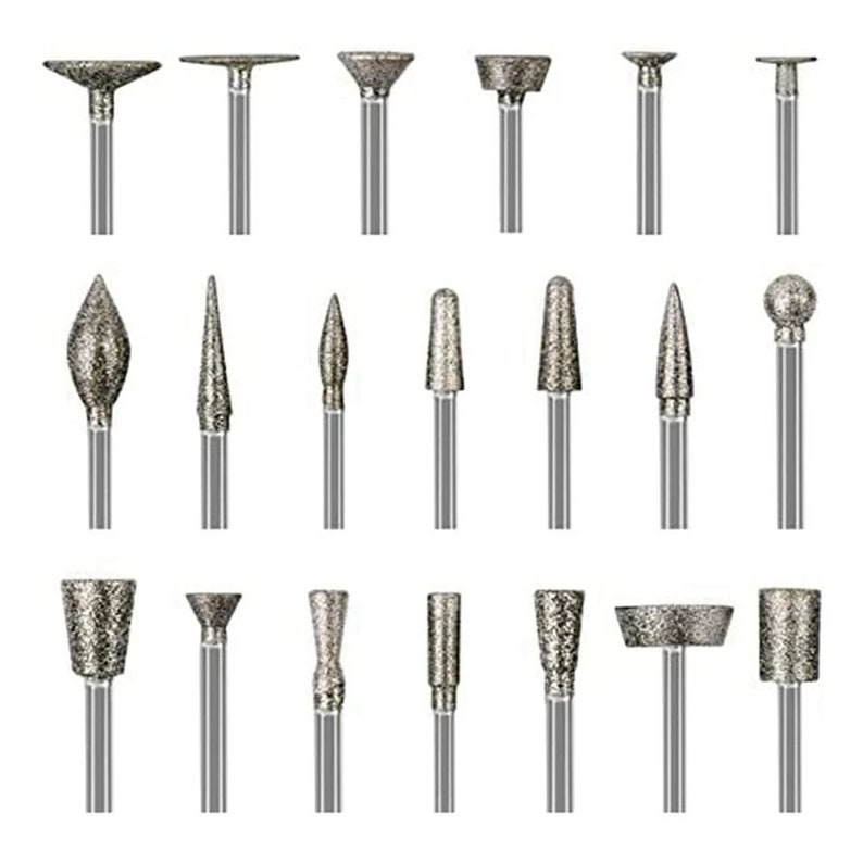 May include: A set of 20 diamond-tipped rotary tools for grinding, carving, and polishing. The tools are made of high-quality materials and are designed for use with a rotary tool.