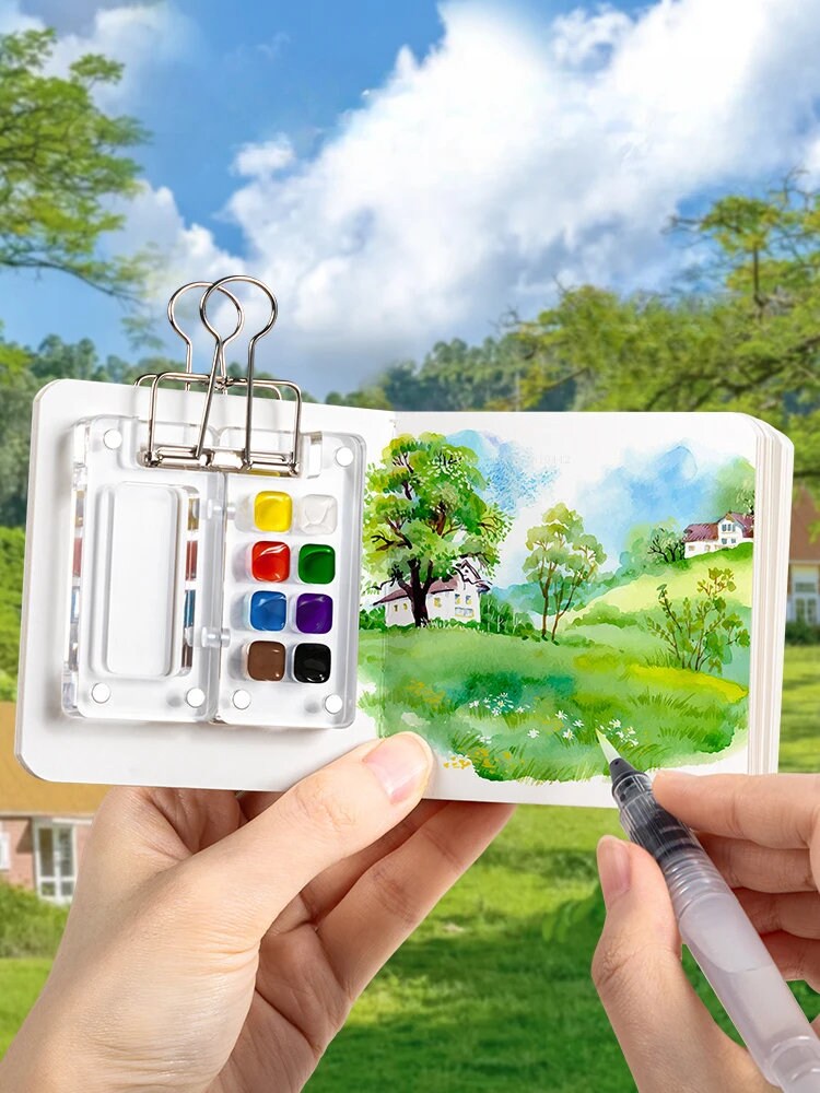 Set Mini Aquarelle De Voyage - 15 Couleurs, Boîte En Bois, Pinceau, Idéal Pour Peinture En Plein Air - 5