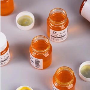 以下が含まれることがあります： 鮮やかなオレンジ色の液体が入った、小さな透明なガラス瓶がいくつかあります。白い蓋が瓶の周りに散らばっており、開いているものと閉じているものがあります。各瓶には外国語のテキストが書かれたラベルが付いています。