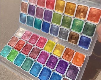 24 Colors Paint Set, Pearlescent Metallic Watercolor, Solid Shimmer Pigments, for Calligraphy Painting Drawing Accessories, Artist Kid Craft
