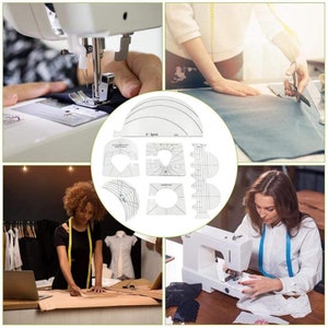 Peut inclure: Ensemble de 8 gabarits de couture en plastique transparent pour cr&eacute;er diff&eacute;rentes formes et courbes. Les gabarits comprennent une spirale de 15 cm, un gabarit de plissage de 1,25 cm, un gabarit de plissage de 0,6 cm, un gabarit de fronce de 1,25 cm, un gabarit de fronce de 0,6 cm, un gabarit de feston de 1,25 cm, un gabarit de feston de 0,6 cm et un gabarit de cercle de 1,25 cm.
