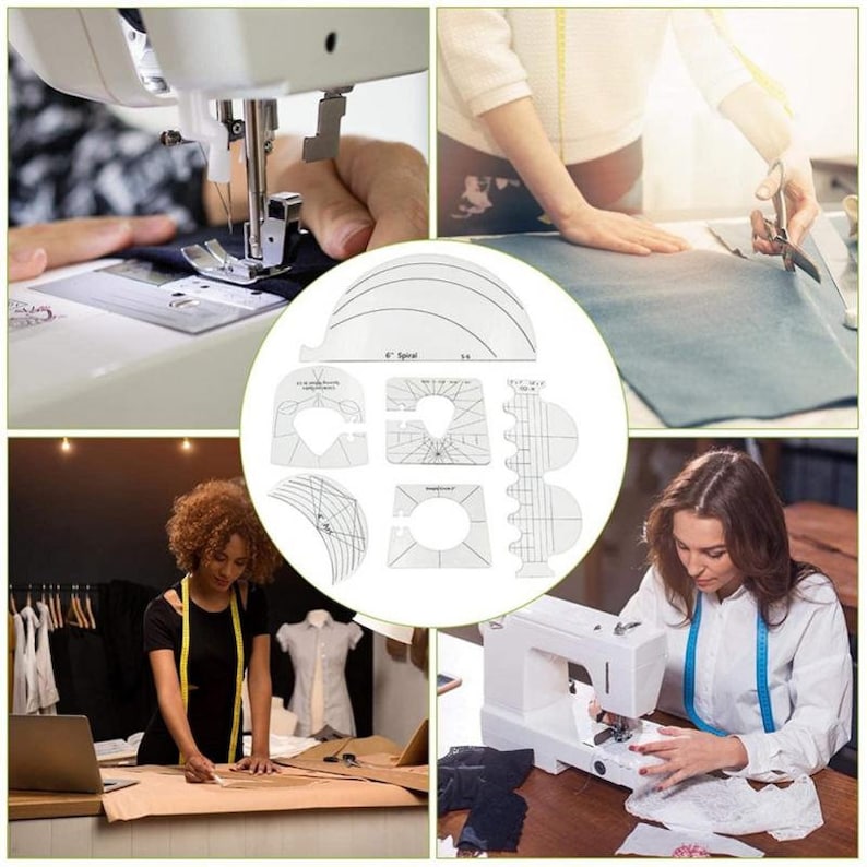 Peut inclure: Ensemble de 8 gabarits de couture en plastique transparent pour cr&eacute;er diff&eacute;rentes formes et courbes. Les gabarits comprennent une spirale de 15 cm, un gabarit de plissage de 1,25 cm, un gabarit de plissage de 0,6 cm, un gabarit de fronce de 1,25 cm, un gabarit de fronce de 0,6 cm, un gabarit de feston de 1,25 cm, un gabarit de feston de 0,6 cm et un gabarit de cercle de 1,25 cm.