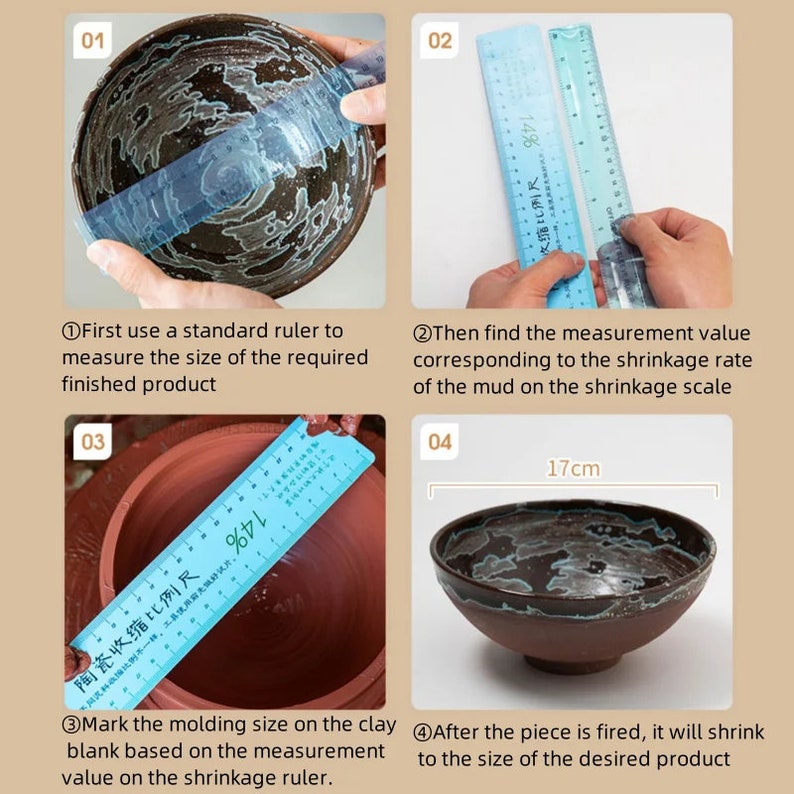 May include: A step-by-step guide for creating pottery, showing how to measure the size of a finished product, find the corresponding shrinkage rate on a scale, and mark the molding size on the clay. The image shows a brown ceramic bowl, a blue ruler, and a clay bowl.