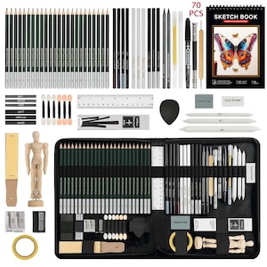 Juego de lápices para bocetos, 12/20/25/54/70 piezas, lápiz de carboncillo, sacapuntas, goma de borrar, kits para difuminar, herramientas de dibujo profesionales para bricolaje, kit completo para colorear.