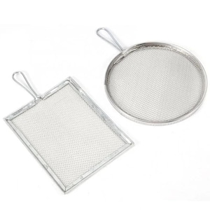 May include: Two stainless steel mesh strainers. One is round with a handle, the other is rectangular with a handle. Both have fine mesh for straining liquids or solids. The handles are looped for hanging.