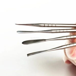 May include: A close-up of four stainless steel tools with varying tip designs. The tools are positioned horizontally, featuring a sharp point, a curved shape, a flat edge, and a rectangular end. The background is plain white.