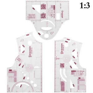 May include: A set of transparent plastic sewing pattern rulers with red markings and text. The rulers are in various shapes, including curved and straight edges, with measurement scales and QR codes. The image is against a white background.