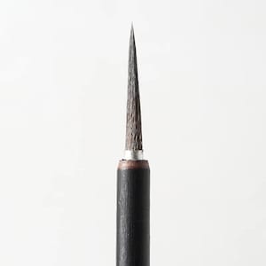 May include: Close-up of a fine-tipped paintbrush. The brush features a dark, cylindrical handle with a silver ferrule. The bristles are a dark brown, tapering to a sharp point. Ideal for detailed painting and art projects.