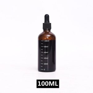 May include: A brown glass bottle with a black dropper top and a white label that says "Hi Life Store". The bottle has markings for 100ml, 80ml, 60ml, 40ml, 20ml, and 0. The bottle is filled with a dark liquid. The bottle is sitting on a white surface. 100ML is printed below the bottle.