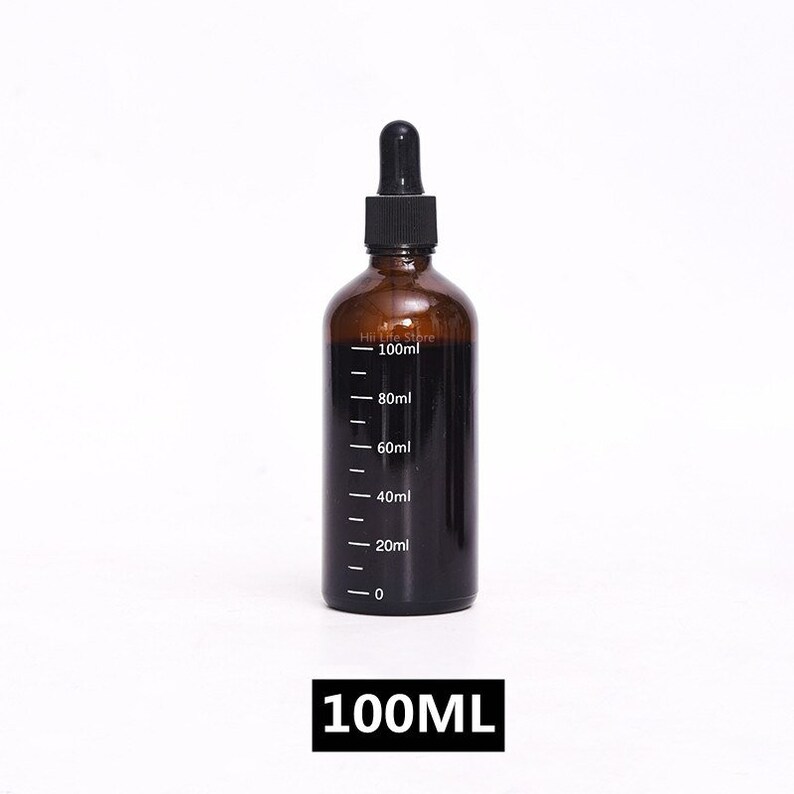May include: A brown glass bottle with a black dropper top and a white label that says "Hi Life Store". The bottle has markings for 100ml, 80ml, 60ml, 40ml, 20ml, and 0. The bottle is filled with a dark liquid. The bottle is sitting on a white surface. 100ML is printed below the bottle.