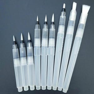 May include: A set of eight refillable water brushes with translucent plastic barrels and white synthetic bristles. The collection includes various tip shapes, ranging from fine pointed tips to flat, wide brushes, designed for watercolor painting.