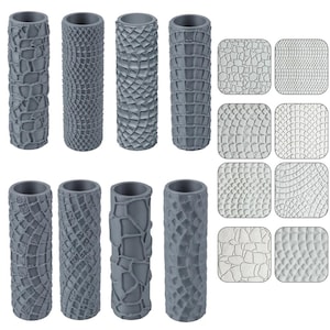 May include: A selection of grey textured paint rollers and matching textured square stamps. The rollers display diverse patterns, including brick, mosaic, and geometric designs. The stamps feature similar textures, providing a range of decorative options for DIY projects.