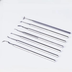 May include: A collection of stainless steel dental tools, including probes and instruments with various angled and curved tips. The tools are arranged diagonally against a white background, showcasing their polished, metallic surfaces. The tools are used for dental procedures.