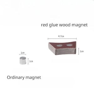 Pu&ograve; includere: Immagine che mostra due tipi di magneti. Uno &egrave; un piccolo magnete ordinario cilindrico, alto 1 cm e di diametro. L'altro &egrave; un magnete in legno con colla rossa, largo 4,7 cm e alto 1 cm. Testo: "red glue wood magnet" e "Ordinary magnet."
