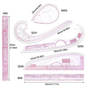 May include: A collection of clear plastic sewing rulers and curves, including a 21.65-inch ruler and various curved templates. The set includes rulers with measurements in inches and centimeters, ideal for pattern making and design.