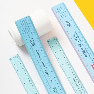 May include: Four blue plastic rulers with different scales. The rulers are marked with percentages and centimeters. The text on the rulers reads "Ceramic shrinkage scale" and "12%", "10%", and "4%".