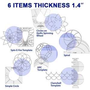Peut inclure: Un ensemble de six gabarits de quilting en plastique transparent pour cr&eacute;er diff&eacute;rents motifs. Les gabarits comprennent un cercle simple, une spirale, un arc, une coquille, un spin-e-fex et une roue &agrave; filature de cercles sur des courtepointes. Les gabarits ont une &eacute;paisseur de 1,4 pouce.