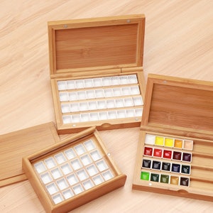 Paletas de acuarela, medias bandejas de 24/36 cuadrículas, madera de bambú, bandeja vacía, caja de almacenamiento de colores, accesorios de pintura portátiles, humidor de arte DIY