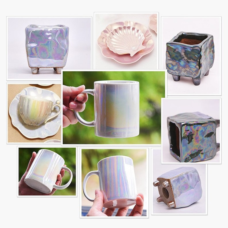 May include: A collection of iridescent ceramic mugs, planters, and dishes. The items are all white with a pearlescent finish that shimmers with rainbow colors.