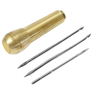 May include: A brass awl with a wooden handle and three needles. The awl is used for leather crafting and sewing.