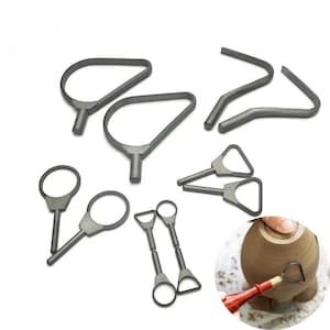 May include: A set of eight metal pottery tools for shaping and smoothing clay. The tools include a variety of shapes and sizes, including loops, ribs, and a scraper. The tools are made of durable metal and are designed for use with both hand-built and wheel-thrown pottery.