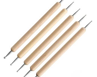 Clay Sculpting Tools Set, 5Pcs, Metal Ball Stylus Head, Wooden Handle, Pottery Ceramic Modeling Kit, DIY Crafts Embossing Pens Dotting Tools