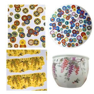 Può includere: Una collezione di oggetti decorativi con disegni di ispirazione asiatica. Include una ciotola in ceramica bianca con motivi floreali, un piatto bianco con motivi circolari colorati e fogli di adesivi con disegni gialli e floreali.