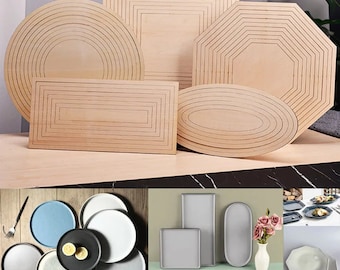 Ceramic Plate Forming Molds, Basswood Laminate, Multiple Shapes, Concentric Cutting Guides, Geometric Hand-Printed, Blank-Shaped, Clay Tools