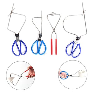 Könnte beinhalten: Eine Auswahl an Metallzangen mit verschiedenen Griffdesigns. Zwei Paare haben blaue Scheren-Griffe, eines mit roten Griffen. Die Zangen sind für die Handhabung kleiner Objekte konzipiert, mit Anwendungsbeispielen.