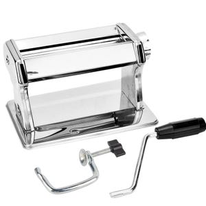 May include: A shiny, chrome-plated pasta maker with a black handle and a clamp. The pasta machine has a rectangular shape with a roller and a base. The crank handle and clamp are separate from the main body.
