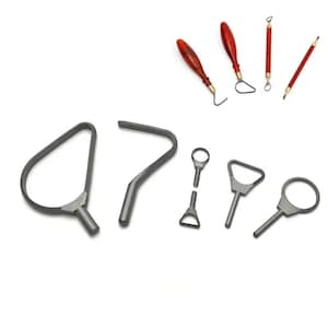 May include: A collection of pottery tools, including loop tools, ribbon tools, and a needle tool. The tools have wooden handles and metal blades, with a variety of shapes and sizes for different sculpting needs.
