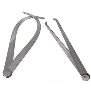 May include: Two metal calipers, one with a curved arm and the other with straight arms, are displayed against a white background. The tools are silver-toned and appear to be made of steel. The calipers are used for measuring.