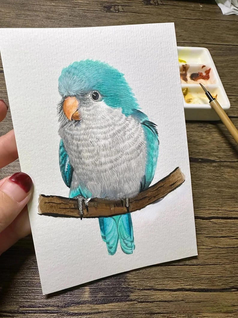 May include: Watercolor painting of a blue and gray bird perched on a brown branch. The bird has a turquoise head and tail feathers, with a gray body. The bird's beak is orange, and it is set against a white background.