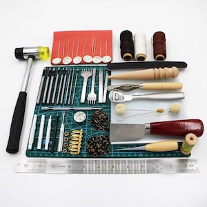 Kit de herramientas retro de cuero de 44 piezas, acero y madera, para coser cuero, biselar, perforar, billeteras, bolsos, zapatos, cinturones, manualidades, accesorios de reparación.
