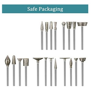 May include: A set of 18 diamond-coated rotary tool bits for grinding, sanding, and polishing. The bits are made of high-quality steel and have a variety of shapes and sizes.  Safe Packaging.