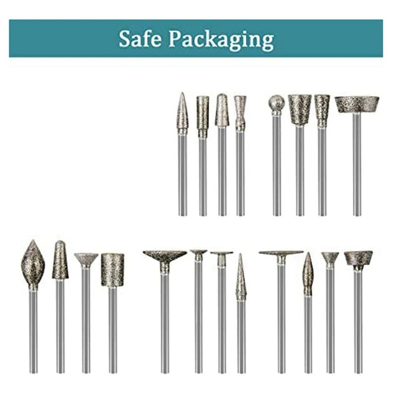 May include: A set of 18 diamond-coated rotary tool bits for grinding, sanding, and polishing. The bits are made of high-quality steel and have a variety of shapes and sizes.  Safe Packaging.