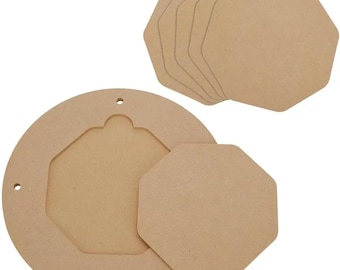 May include: Unfinished wooden craft pieces. The image shows a round frame with a geometric centre, several octagonal shapes, and a single octagonal piece. The wood is light brown in colour.