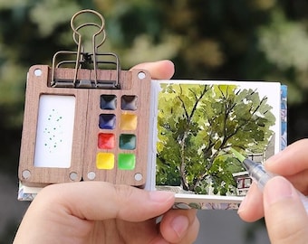 Paleta de aquarela, madeira de nogueira preta, mini caixa de tinta, ferramenta para esboços ao ar livre, kit de viagem para pintura magnética, acessórios para artistas, ferramentas para artesanato