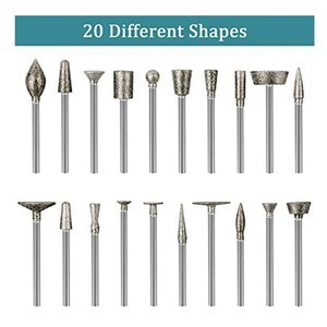 May include: A set of 20 diamond-tipped rotary tool bits in various shapes. The bits are silver in color and have a variety of shapes, including round, pointed, and flat.