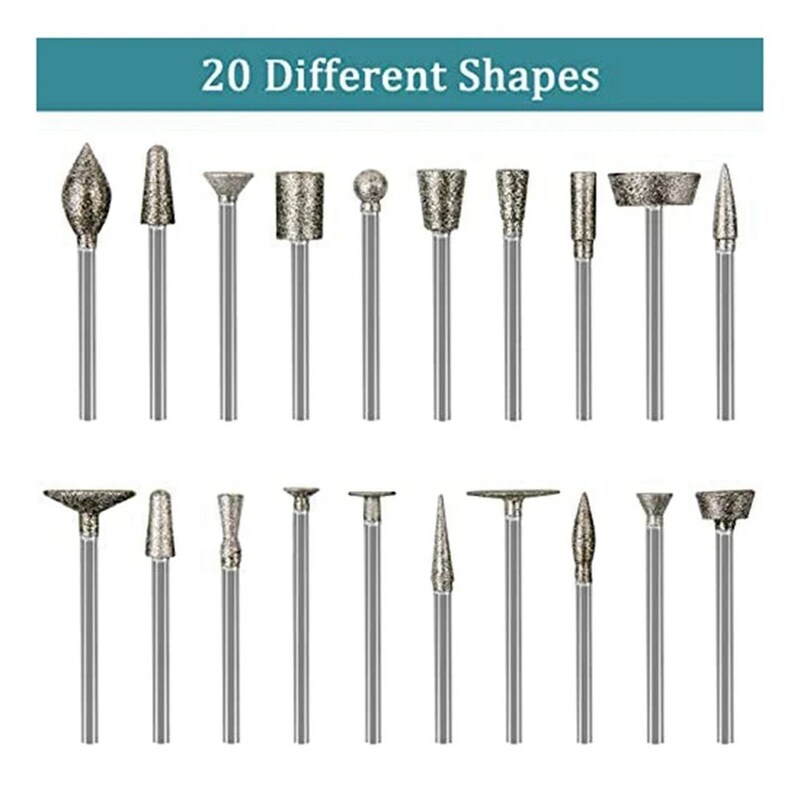 May include: A set of 20 diamond-tipped rotary tool bits in various shapes. The bits are silver in color and have a variety of shapes, including round, pointed, and flat.