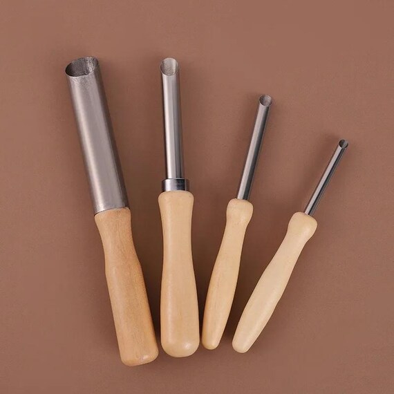 Lot de 4 Emporte-pièces en Argile, Manche en Bois en Acier Inoxydable, Poinçonnage Semi-rond Façonnant la Poterie, Emporte-pièces en Argile pour Poinçonner L'argile, Gratter le Marquage