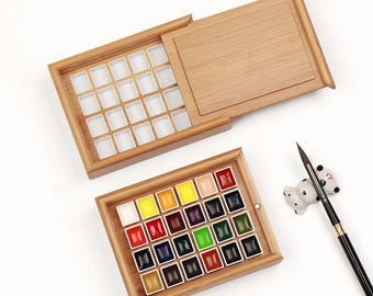 Watercolor Paint Box, 24/36 Grills, Wood, Empty Bamboo Pigment Cases, Portable Painting Storage , Drawing Sketching Accessory, Color Palette