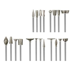 May include: A set of 18 diamond-coated rotary tool bits for grinding, sanding, and polishing. The bits come in a variety of shapes and sizes, including cone, cylinder, and ball shapes.