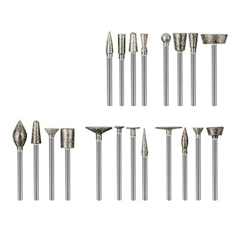 May include: A set of 18 diamond-coated rotary tool bits for grinding, sanding, and polishing. The bits come in a variety of shapes and sizes, including cone, cylinder, and ball shapes.