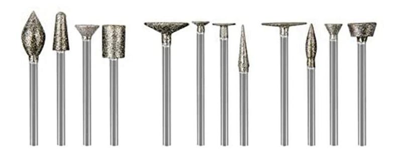 May include: A set of 12 diamond-tipped rotary tool bits for grinding, sanding, and polishing. The bits are made of high-quality materials and are designed for long-lasting use.