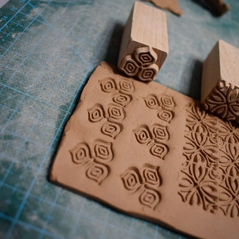 Pottery Stamp Tools, 5pcs, Wooden Blocks, Square Swirl Chinese Textured