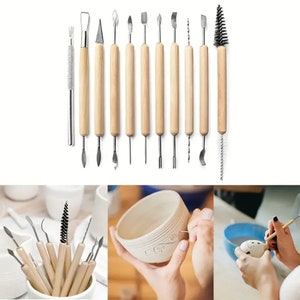 Pottery Sculpting Tools, 11Pcs, Wood and Metal, Double Headed, Various Styles, Clay Carving, Smoothing Shaping Accessory Modelling Essential
