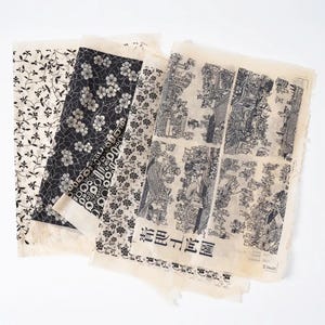 Può includere: Una collezione di fogli di carta decorati. I fogli presentano vari disegni in bianco e nero, tra cui floreali, geometrici e illustrazioni tradizionali giapponesi. La carta ha una qualità traslucida e una superficie leggermente strutturata.