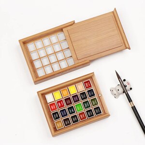 Caja de pintura de acuarela, 24/36 celdas, madera de bambú, contenedor vacío, estilo push-pull/flip, paleta de pintura portátil, soporte de almacenamiento, kit de herramientas para manualidades