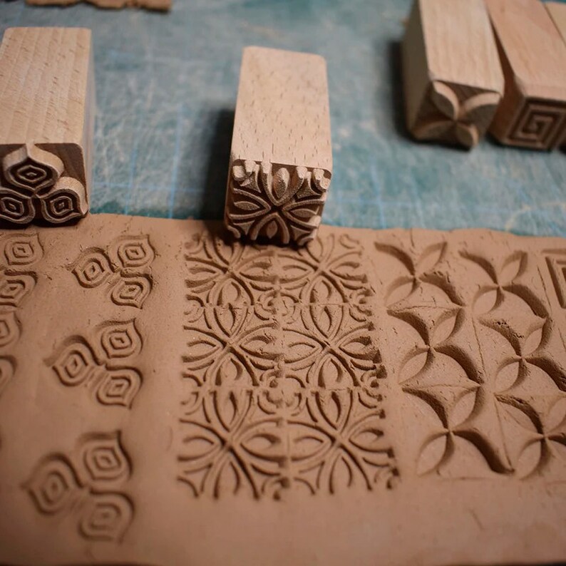 Pottery Stamp Tools, 5pcs, Wooden Blocks, Square Swirl Chinese Textured